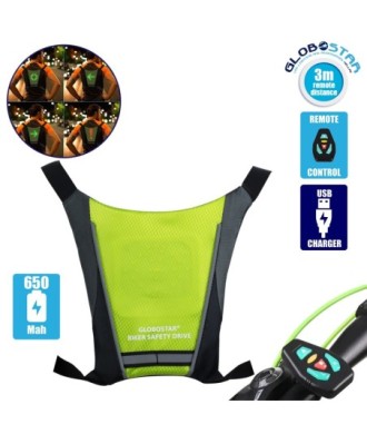 GloboStar® 79069 Γιλέκο Ασφαλείας Φωσφοριζέ Αντανακλαστικό για Ποδηλάτες & Runners με Φωτεινή Σήμανση LED - Ενσωματωμένη Μπαταρία 650mAh DC 5V Επαναφορτιζόμενο με Καλώδιο Τροφοδοσίας USB & Ασύρματο Χειριστήριο - Λαχανί Φωσφοριζέ & Μαύρο Αδιάβροχο IP65